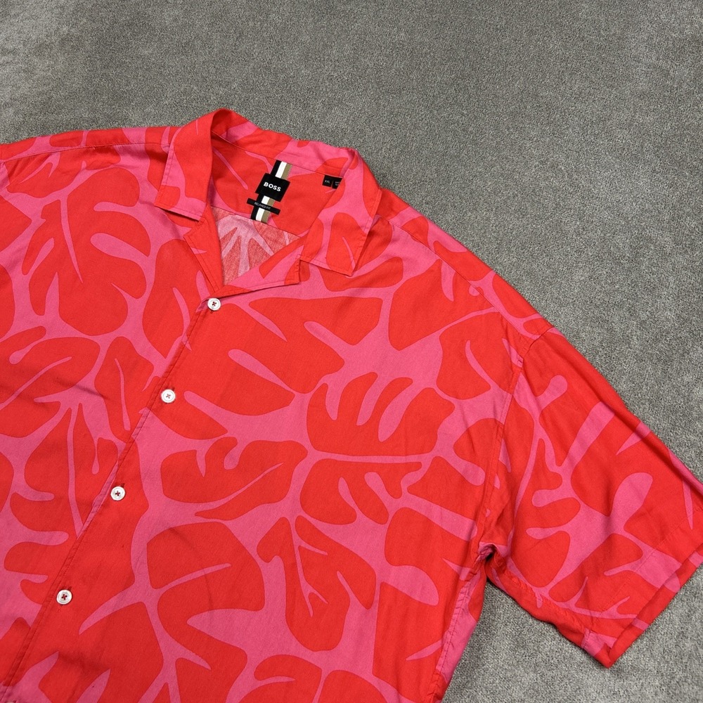 BOSS Hugo Boss Shirt Mens 2XL Relaxed Camp Collar Button Up Red Pink Hawaiian